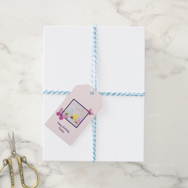 Modernes Foto Pink Blush Happy Birthday Geschenkanhänger (Mit Garn)