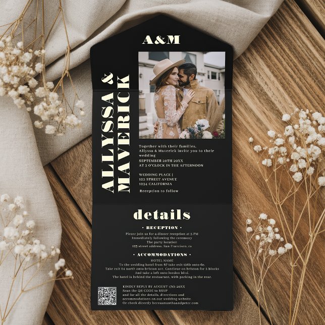 Modernes Foto qr Code All-in-One-Einladung (Modern elegant photo qr code black wedding all in one invitation)