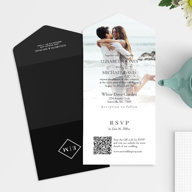 Modernes Foto QR Code Black Wedding All In One Einladung (All-in-one wedding invitation with QR code to RSVP - Simplify and save time for you and your guests.)