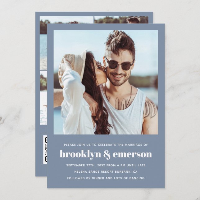 Modernes Foto QR Code Dusty Blue Wedding Einladung (Vorne/Hinten)