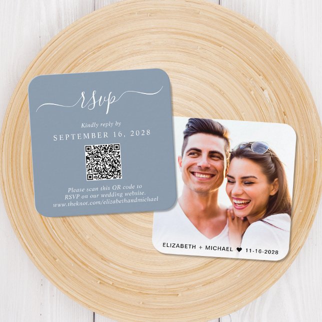 Modernes Foto QR Code Dusty Blue Wedding RSVP Begleitkarte (Our user-friendly template will generate your QR code automatically from your website address)