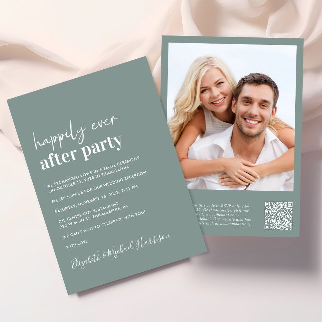 Modernes Foto QR Code Hochzeitsempfang Einladung (An chic Happily Ever After Party all-in-one invitation for your wedding celebration)