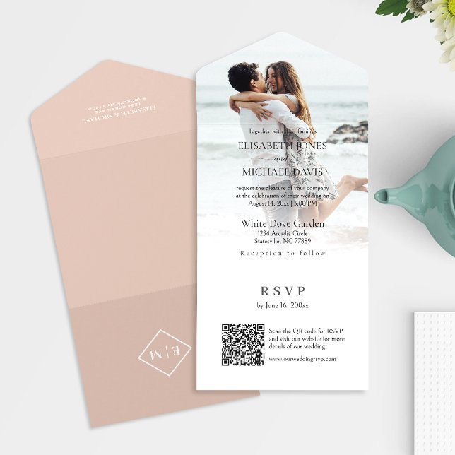 Modernes Foto QR Code Peach Wedding All In One Einladung (All-in-one wedding invitation with QR code to RSVP - Simplify and save time for you and your guests.)