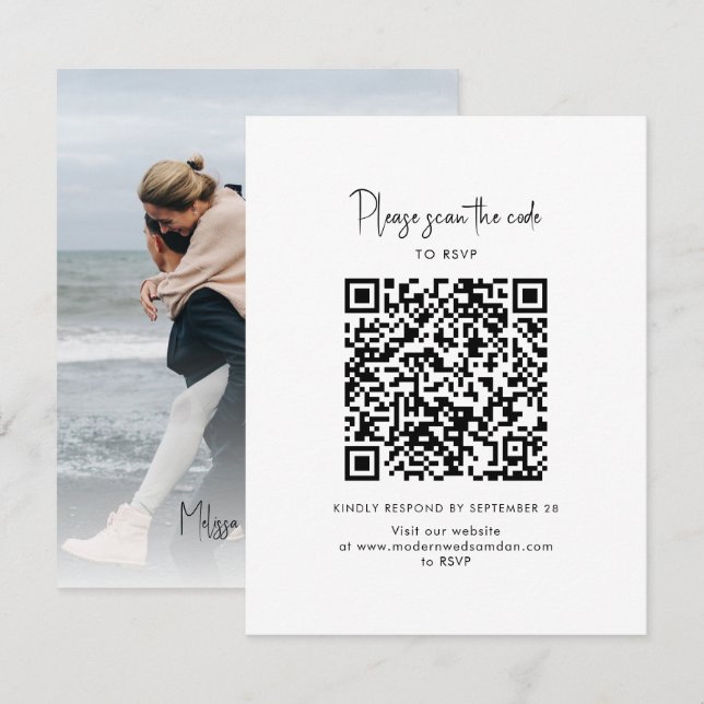 Modernes Foto QR Code Skript Hochzeit RSVP Karte (Vorne/Hinten)
