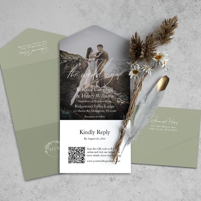 Modernes Foto QR Code UAWG Sage Green Wedding All In One Einladung (All-in-one wedding invitation with QR code to RSVP - Simplify and save time for you and your guests.)