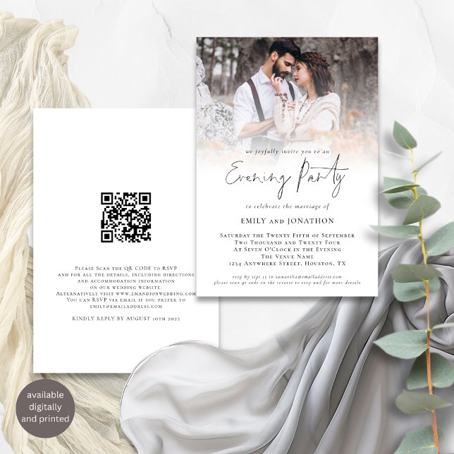 Modernes Foto QR Code Wedding Abend Party Einladung (Front and back view)