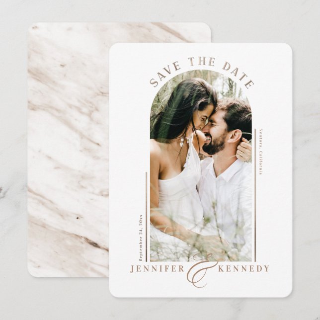Modernes Foto Rahmen Champagner-Marmor Zurück Save The Date (Vorne/Hinten)