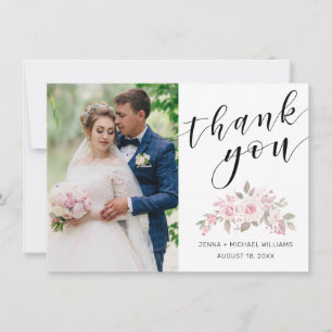 Modernes Foto Rosa-Rose-Schwarz-Script Hochzeit Dankeskarte