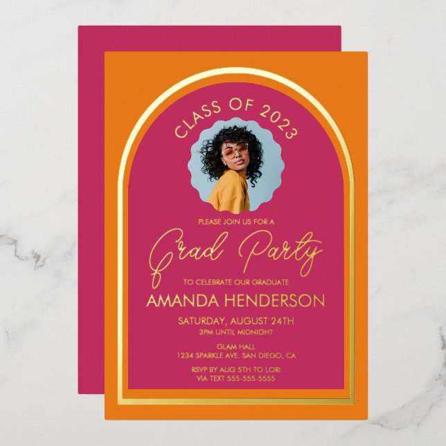 Modernes Foto Rosa und Orange Abschluss Folieneinladung (Vorderseite/Rückseite)