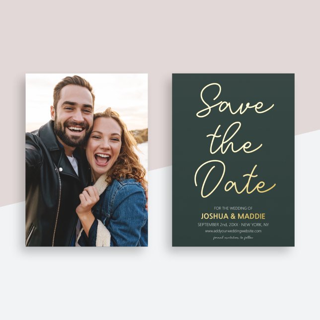Modernes Foto Save the Date dunkelgrünes Echtgold Folieneinladung (Modern Photo Save The Date Dark Green Real Gold Foil Invitation
)