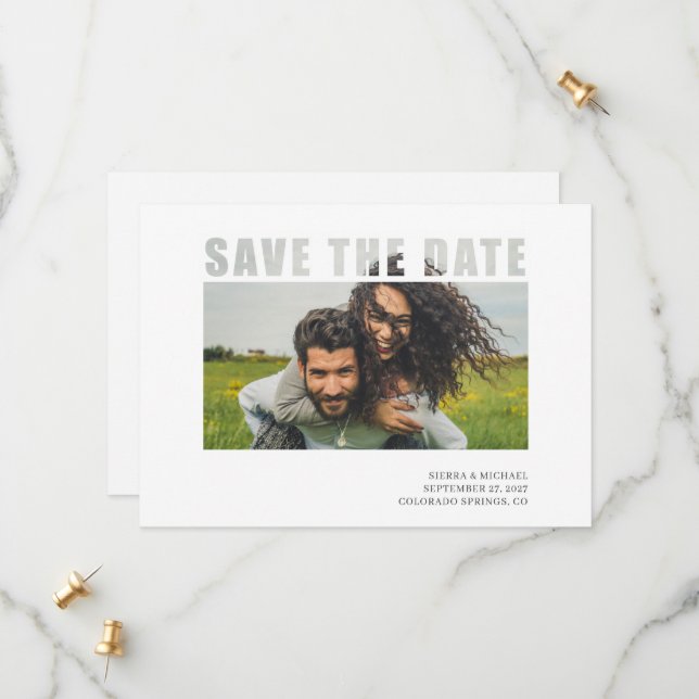 Modernes Foto Save the Date mit transparentem Text (Vorderseite/Rückseite Beispiel)