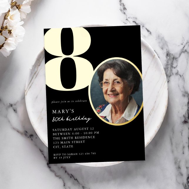 Modernes Foto Schwarz und Gold Elegant 80. Geburts Folieneinladung (Von Creator hochgeladen)