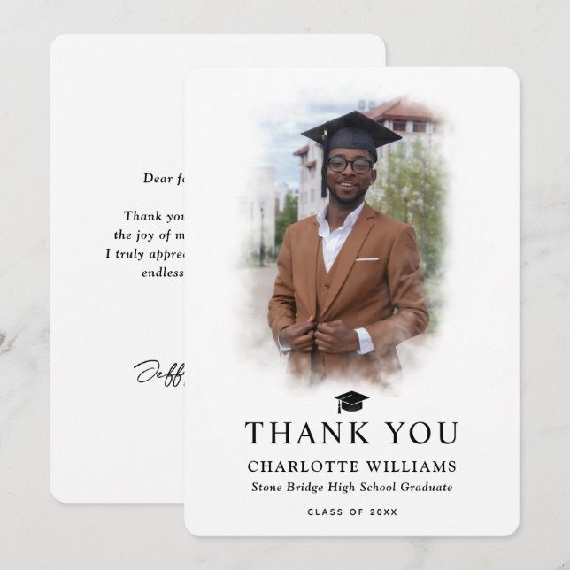 Modernes Foto Schwarz-Weiß-Abschluss Dankeskarte (Vorne/Hinten)