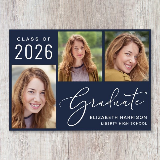 Modernes Foto Script Blue Abschluss Ankündigung (Cherish the milestone: share your graduate's achievement with a custom photo graduation announcement)