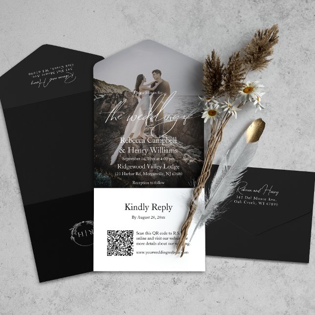 Modernes Foto Script QR Code UAWG Black Wedding All In One Einladung (All-in-one wedding invitation with QR code to RSVP - Simplify and save time for you and your guests.)