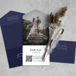 Modernes Foto Script QR Code UAWG Navy Blue Weddin All In One Einladung