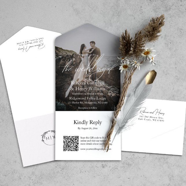 Modernes Foto Script QR Code UAWG Wedding All In One Einladung (All-in-one wedding invitation with QR code to RSVP - Simplify and save time for you and your guests.)