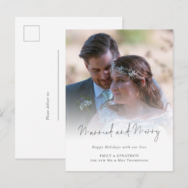 Modernes Foto Script Verheiratet und Merry Holiday Postkarte (Vorne/Hinten)