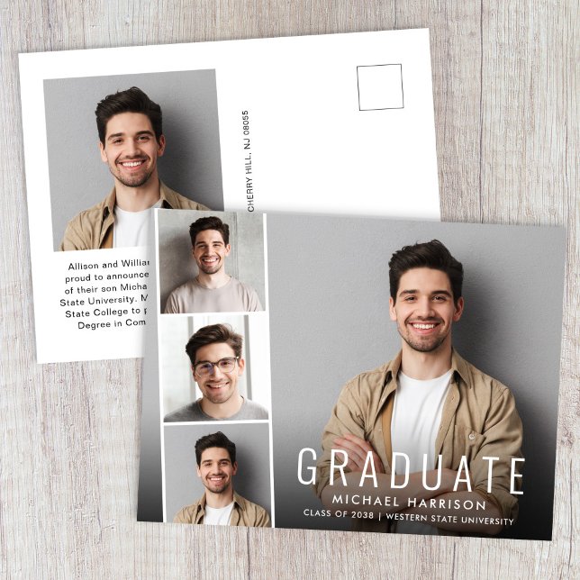Modernes Foto Strip Abschluss Ankündigungspostkarte (Cherish the milestone: share your graduate's achievement with a custom photo graduation announcement)