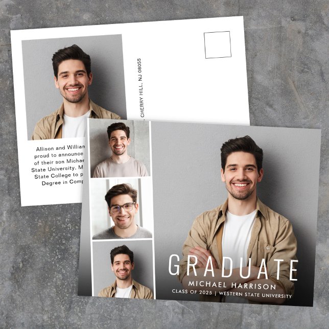 Modernes Foto Strip Abschluss Ankündigungspostkarte (Cherish the milestone: share your graduate's achievement with a custom photo graduation announcement)