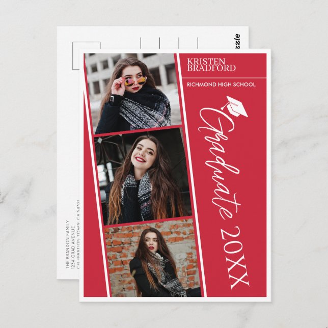 Modernes Foto Strips Roter Abschluss Ankündigung Postkarte (Vorne/Hinten)