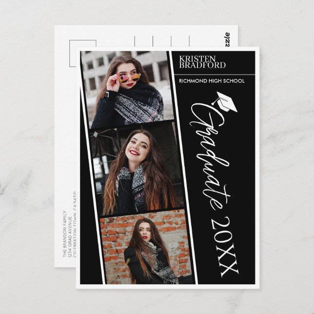 Modernes Foto Strips Schwarzer Abschluss Ankündigu Postkarte (Vorne/Hinten)