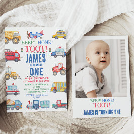 Modernes Foto Transport 1. Geburtstag Einladung