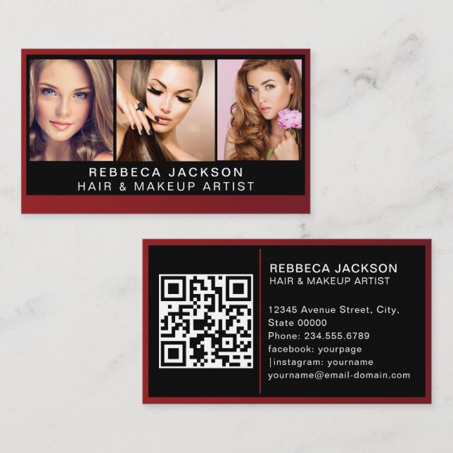 Modernes Foto Trio für Makeup Artists Black QR Cod Visitenkarte (Vorne/Hinten)