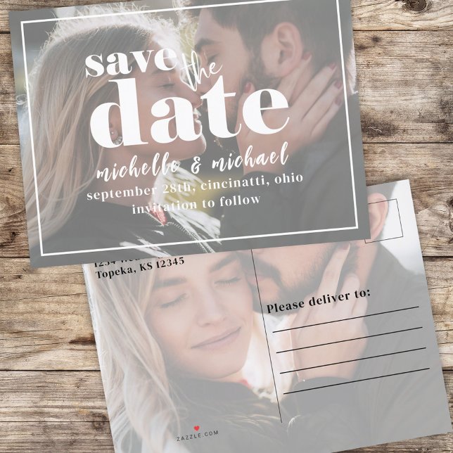 Modernes Foto Typografie fett Einfach Minimalistis Ankündigungspostkarte (Save the date two photo postcard template)