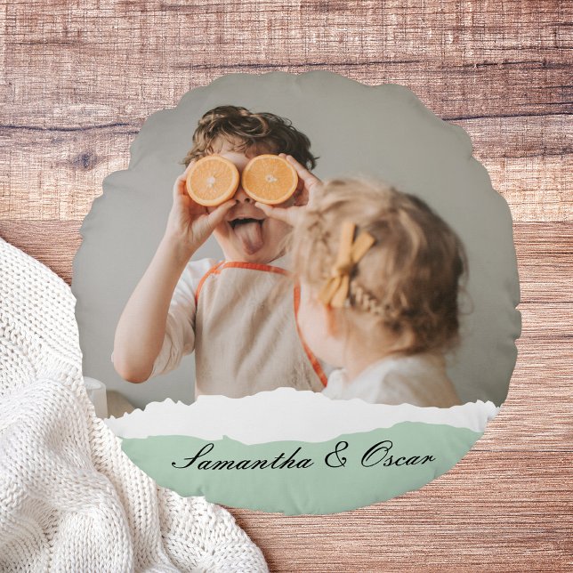 Modernes Foto und Personalisierter Name Minze Gesc Rundes Kissen (Von Creator hochgeladen)