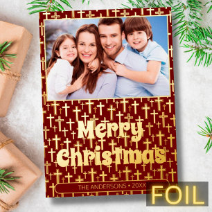 Modernes Foto Weihnachten kreuz Rot Bordeaux Folien Feiertagskarte