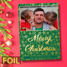 Modernes Foto Weihnachtsschneeflocken grün Folien Feiertagskarte