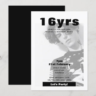 Modernes FOTO zum 16. Geburtstag lädt Schwarz-weiß Einladung