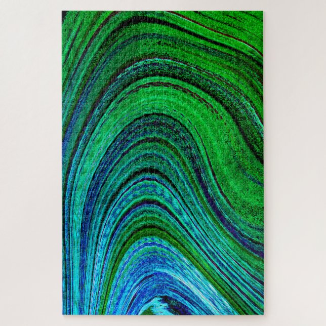 Modernes Fraktal Art Waves Wavy Green Blue Abstrak Puzzle (Vertikal)