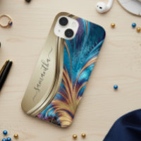 Modernes Fraktal Blue Gold Handgeschriebener Name
