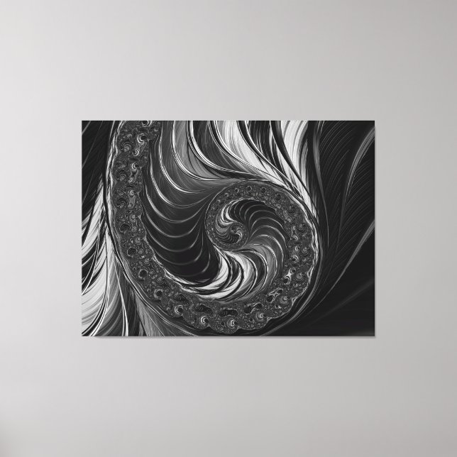 Modernes Fraktal Schwarz-weiß Metal Nautilus Swirl Leinwanddruck (Vorderseite)