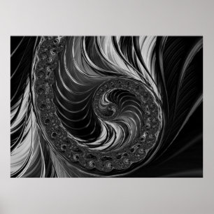 Modernes Fraktal Schwarz-weiß Metal Nautilus Swirl Poster