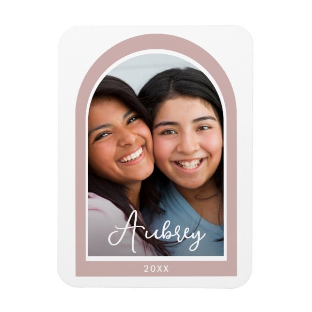 Modernes Frame Arch Foto mit Hübschem Script Rosa Magnet (Vertikal)