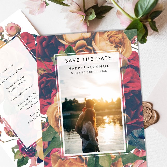 Modernes Frame Boho Antike Rose bearbeitbares Foto Save The Date (Von Creator hochgeladen)