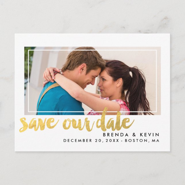 Modernes Frame Gold Foto Save the Date Postkarte (Vorderseite)