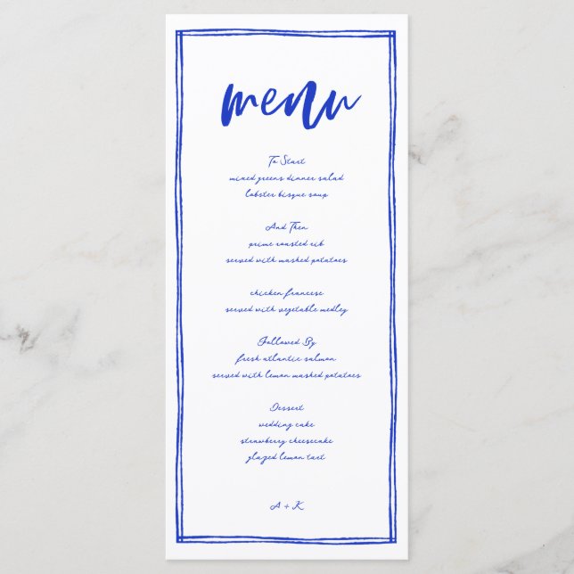 Modernes französisches Blue Wedding Long Menu Menükarte (Vorderseite)