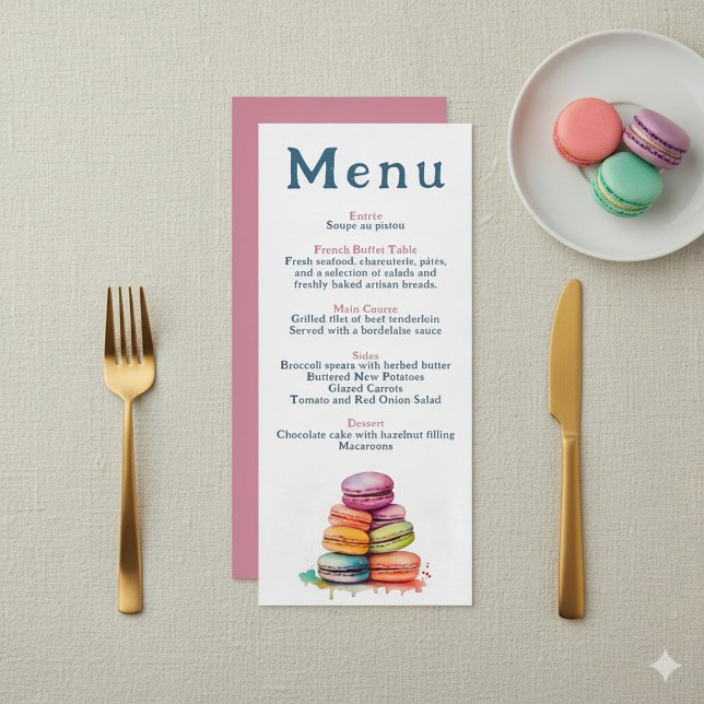 Modernes französisches Macaron Wedding Menu Menükarte (Bright watercolor macarons wedding menu.)
