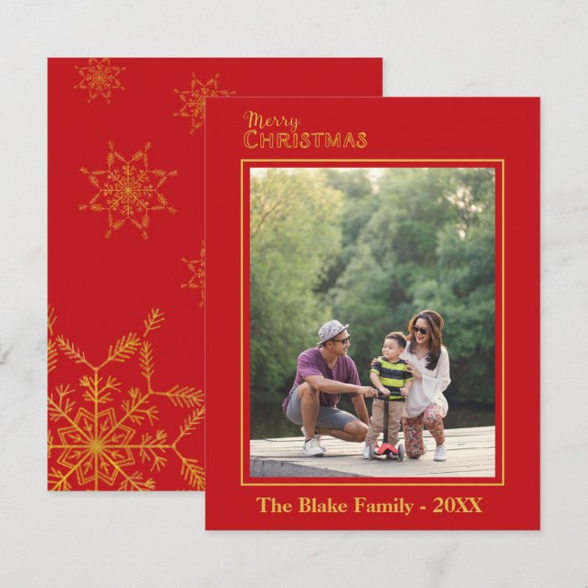 Modernes frohe Weihnachts-Rot-Gold-Familie Foto Mitteilungskarte (Vorne/Hinten)