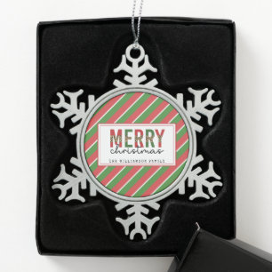 Modernes, frohe Weihnachts-Rot-Streifen Muster Schneeflocken Zinn-Ornament