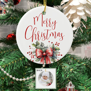 Modernes frohes Weihnachtsskript Holly Bow Foto Keramik Ornament