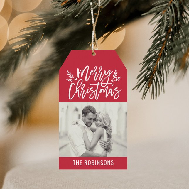 Modernes, fröhliches Weihnachts-Rotes Script-Foto Geschenkanhänger (Von Creator hochgeladen)