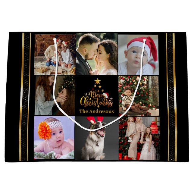 Modernes fröhliches Weihnachtsfamilien Foto Rustik Große Geschenktüte (Vorderseite)