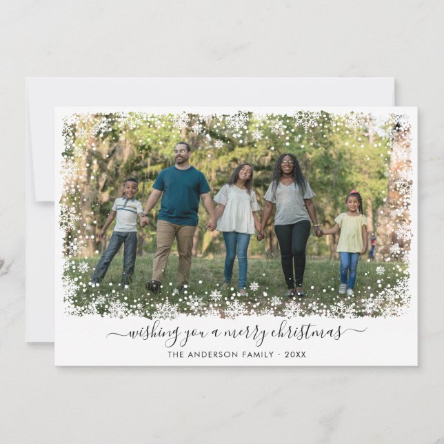 Modernes fröhliches Weihnachtsschneeflocken-Script Feiertagskarte (Vorderseite)