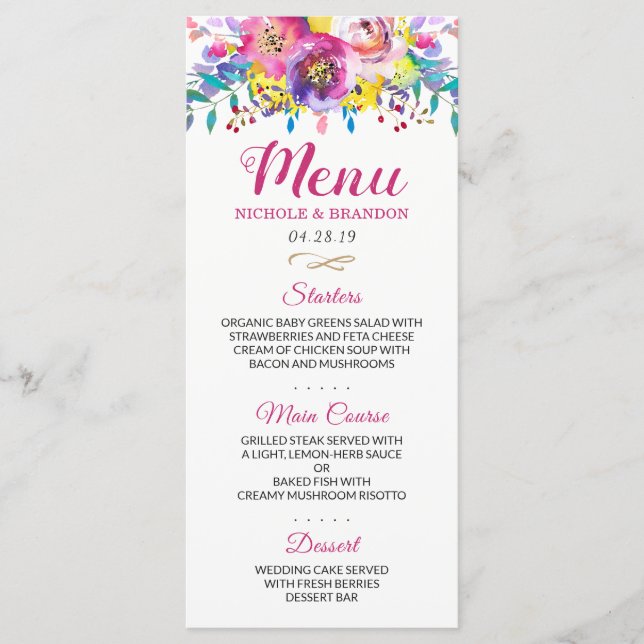 Modernes Fuchsia Gold Floral Wedding Menu für Wass Menükarte (Vorderseite)