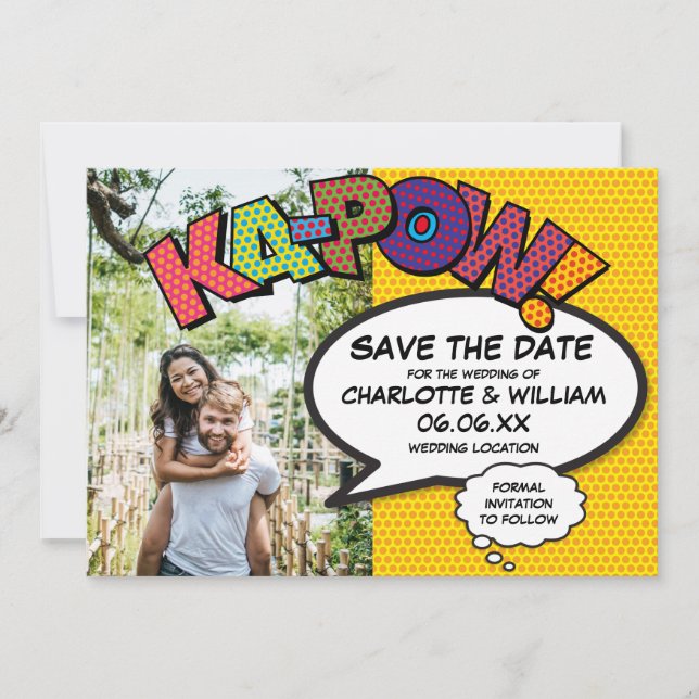 Modernes Fun Comic KAPOW Foto Save The Date (Vorderseite)
